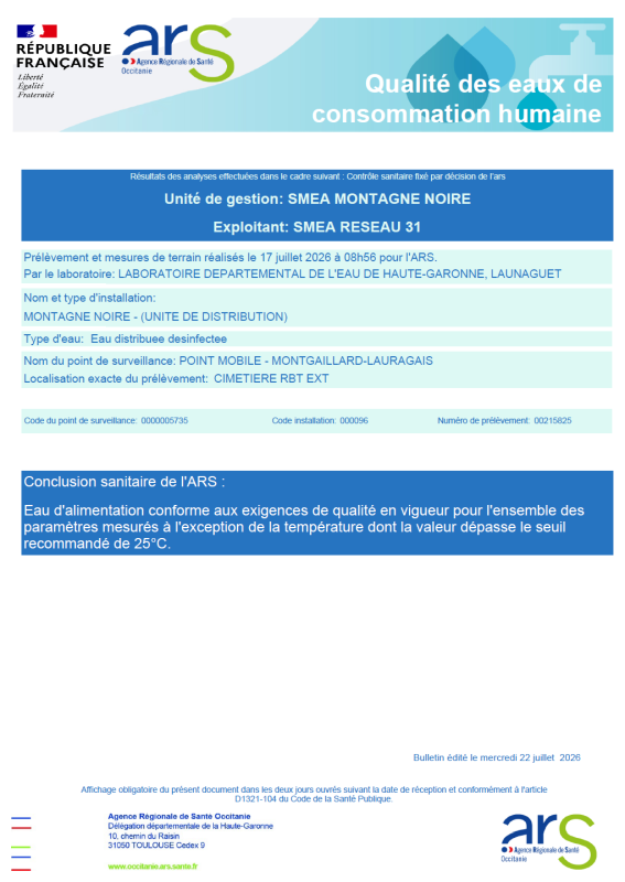 Résultats d'analyses du controle sanitaire juillet 2026  - eau